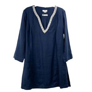 Malvin 100% linen‎ embellished navy blue tunic top Sz L